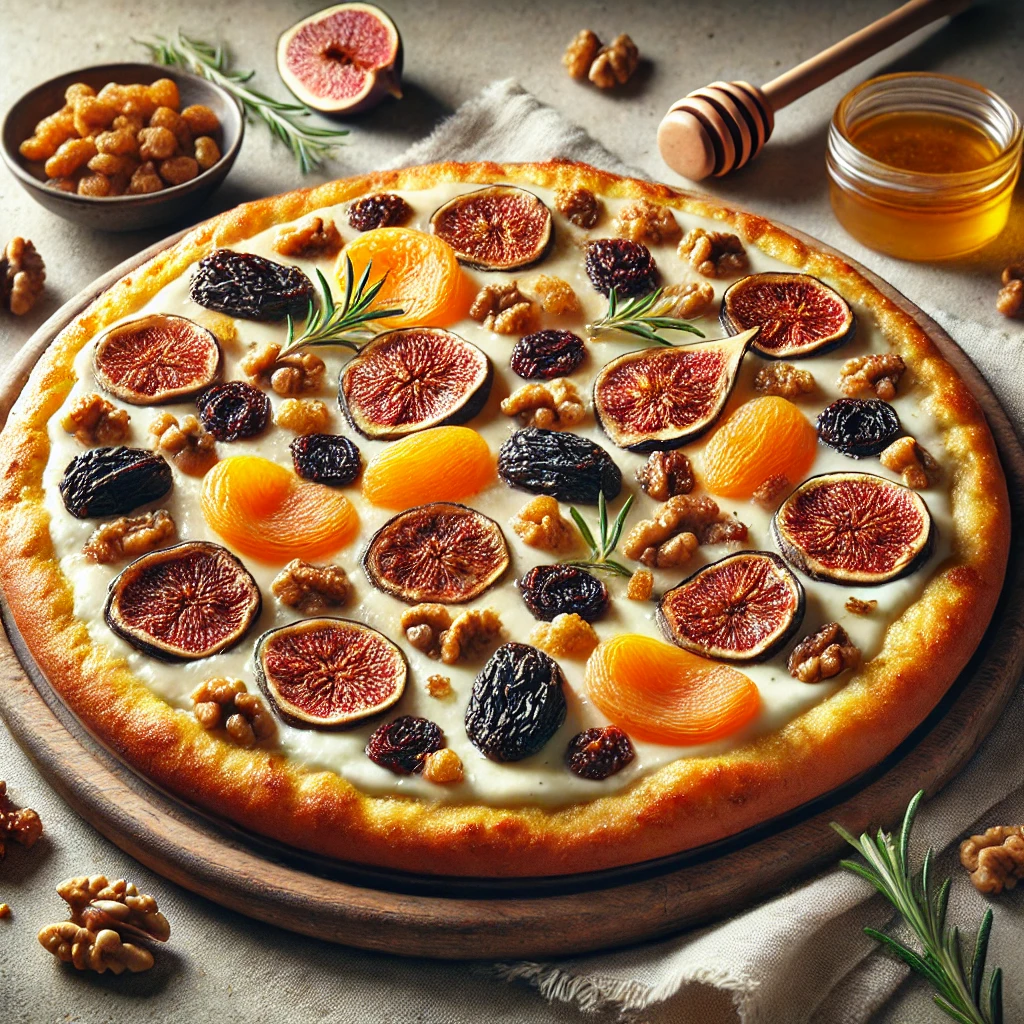 Olasz pizza aszalt fügével, sárgabarackkal és mézzel
