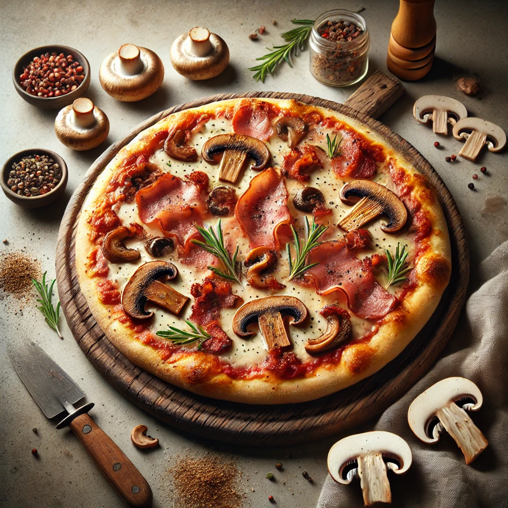 Olasz pizza vargányával, rókagombával és szalonnával