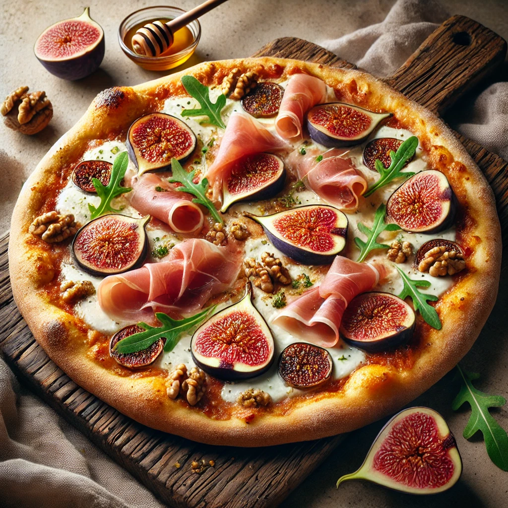 Olasz pizza friss fügével, sonkával és rukolával