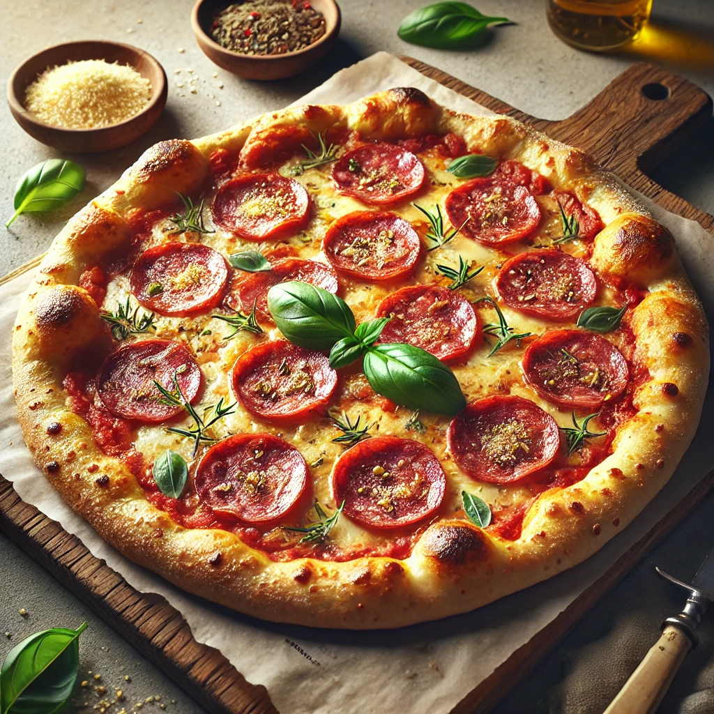 Olasz pizza finocchiona szalámival, mozzarellával és parmezánnal