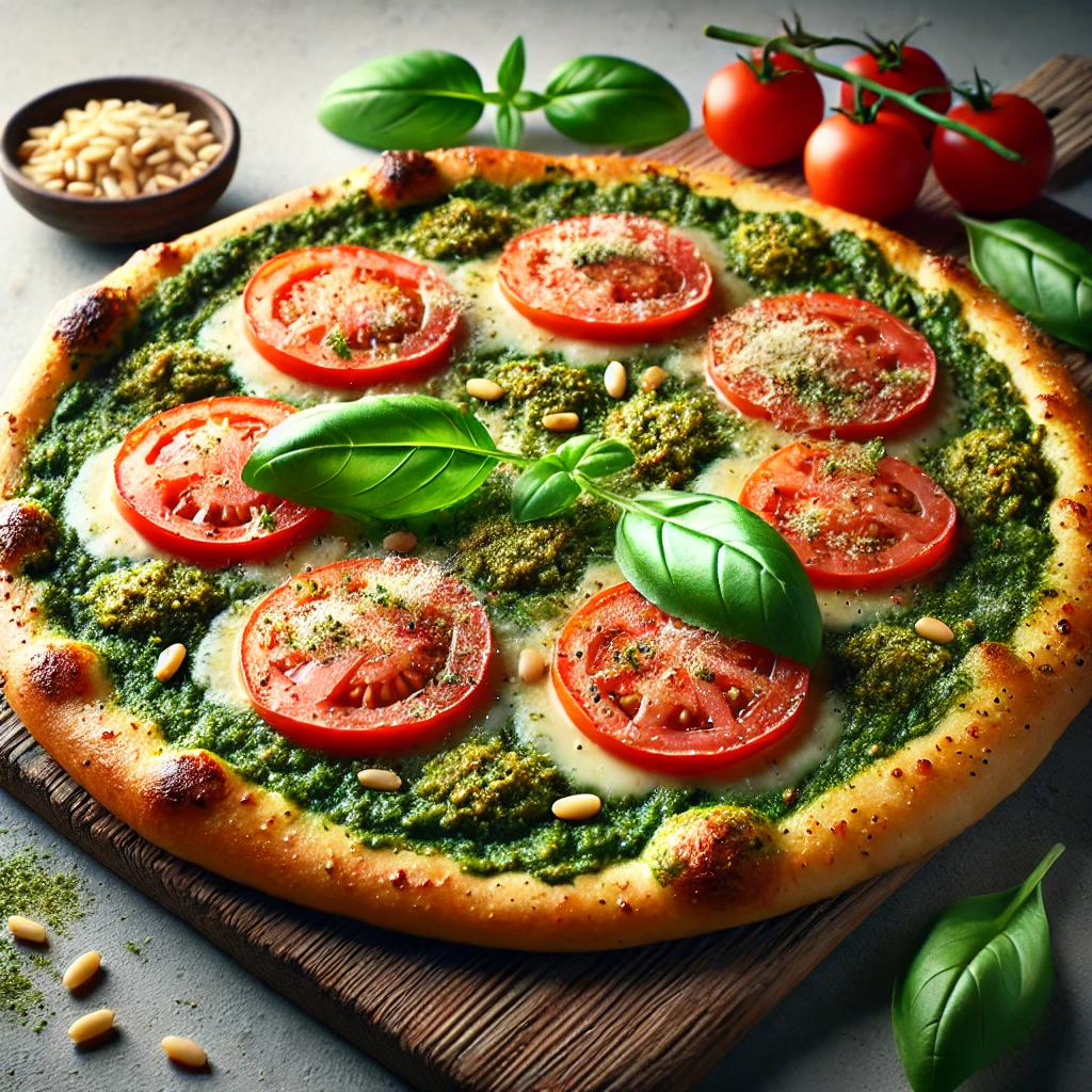 Bazsalikomos pesztóval készült olasz pizza