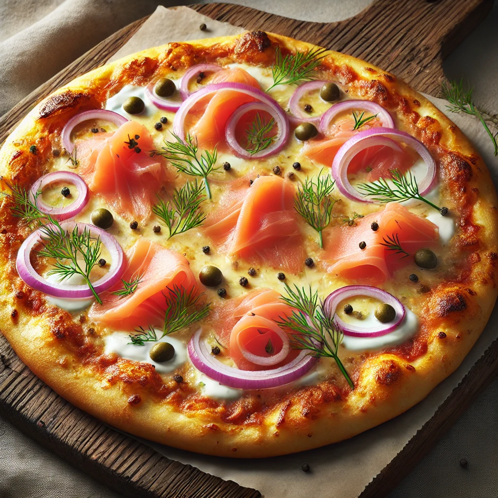 Tejfölös alapú olasz pizza füstölt lazaccal és kapribogyóval