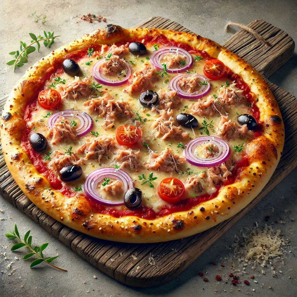Olasz pizza friss tonhallal, vöröshagymával és fekete olívával