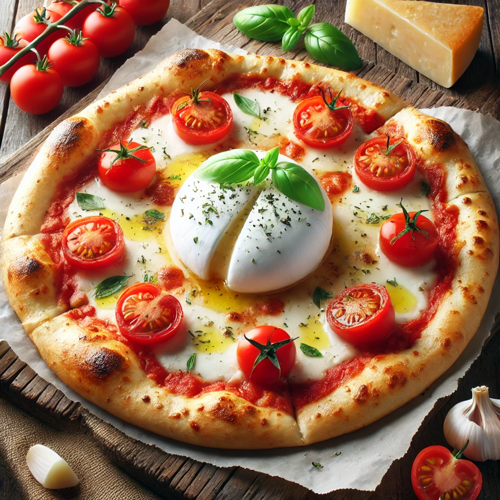 Autentikus olasz pizza burrata sajttal és koktélparadicsommal