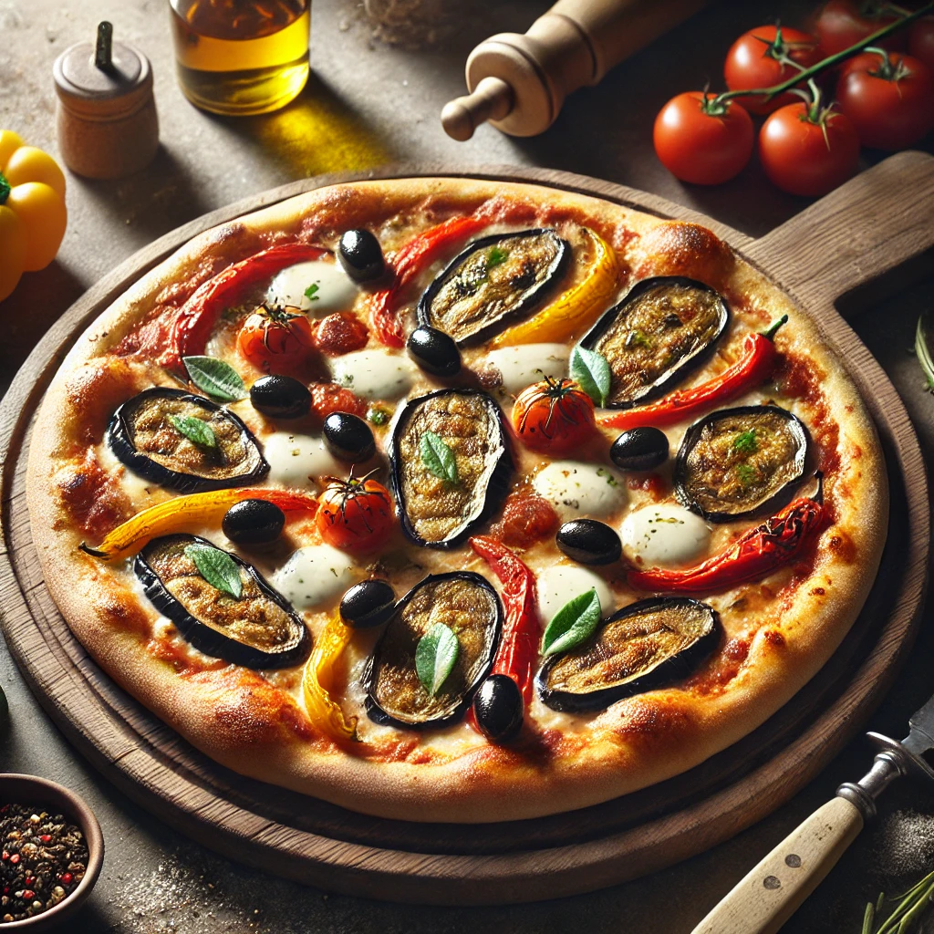 Autentikus olasz pizza padlizsánnal, paprikával és olívabogyóval