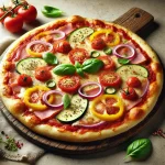 Sonkás-zöldséges pizza mozzarellával és bazsalikommal