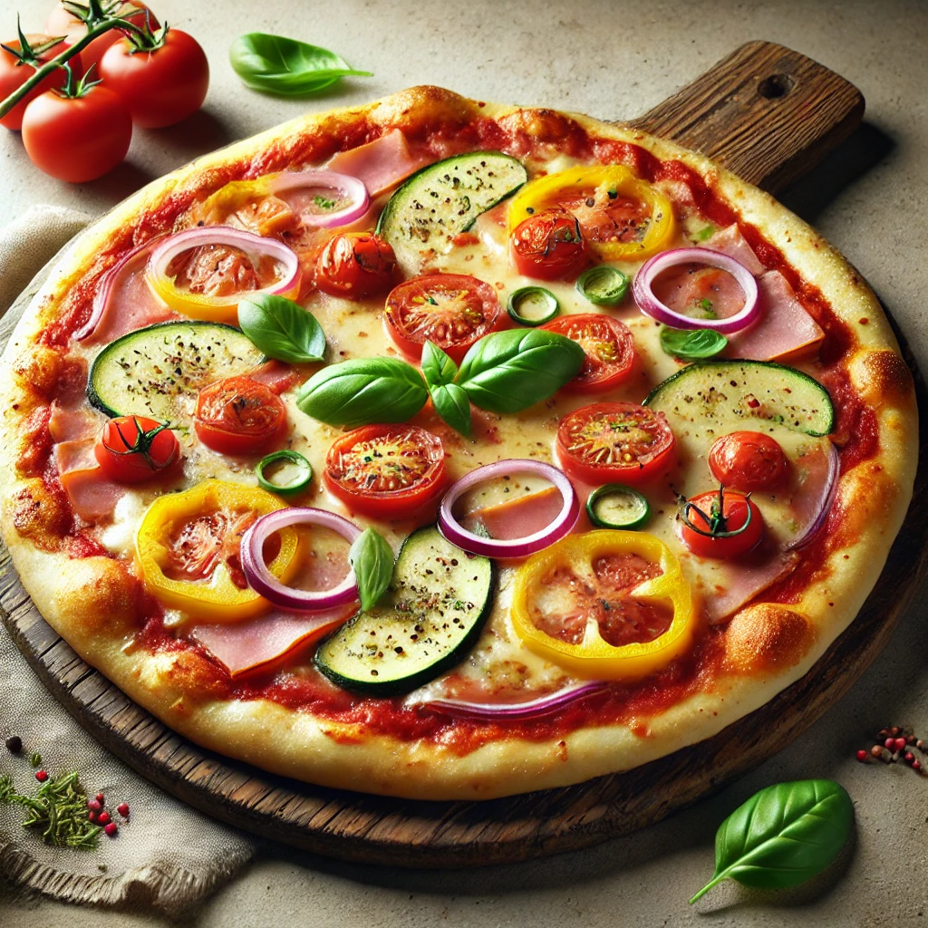 Olasz pizza friss zöldségekkel, füstölt sonkával és mozzarellával
