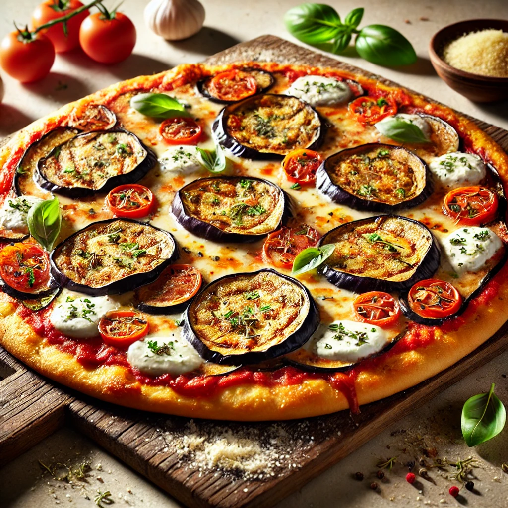 Olasz pizza sült padlizsánnal, ricottával és parmezánnal