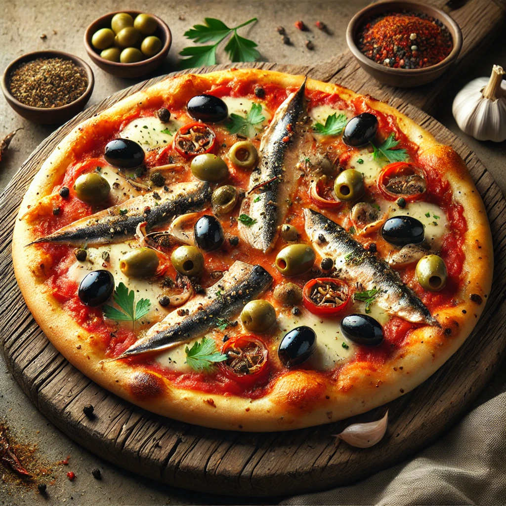 Olasz pizza szardellával, kapribogyóval és mozzarellával