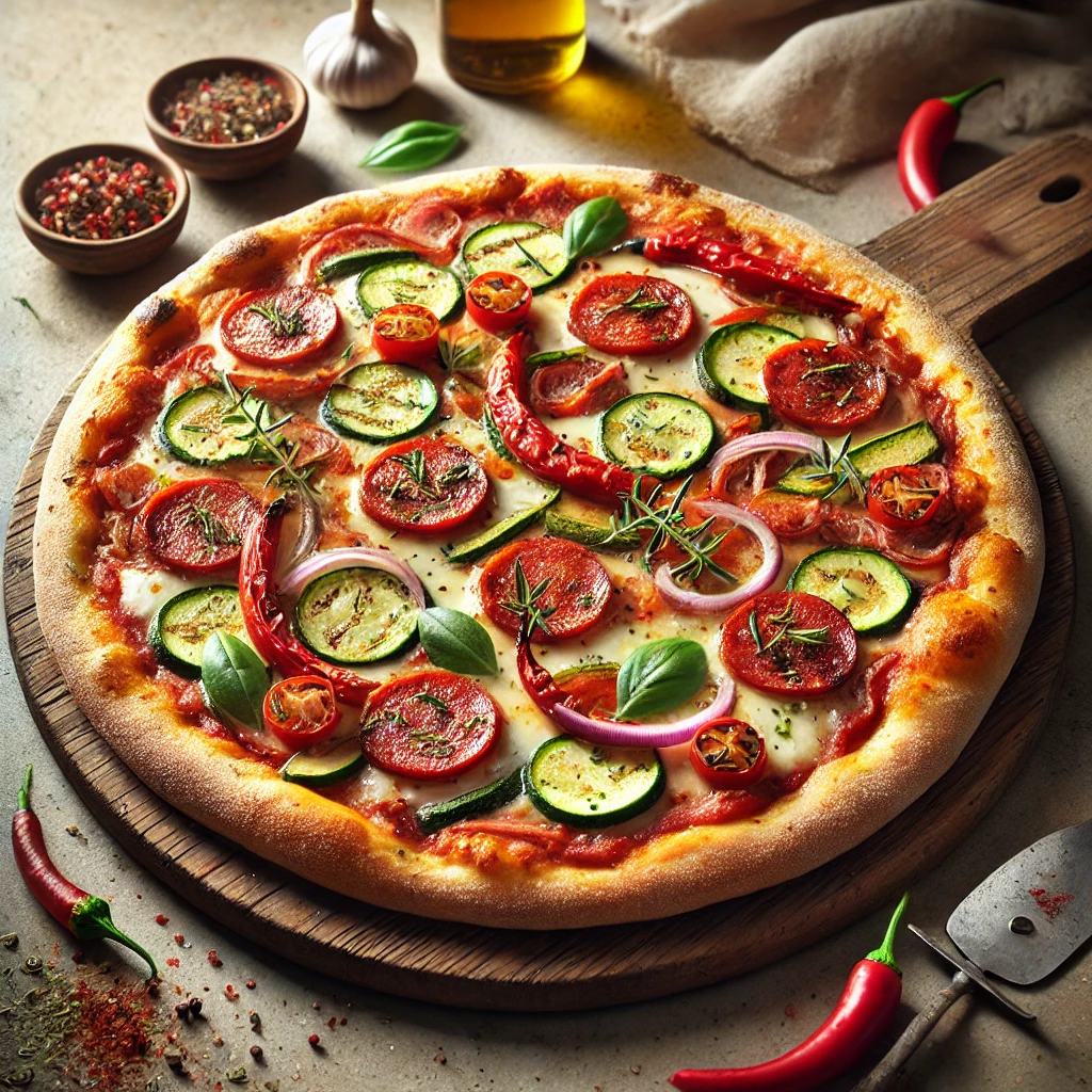 Olasz fűszeres kolbászos pizza házilag készítve