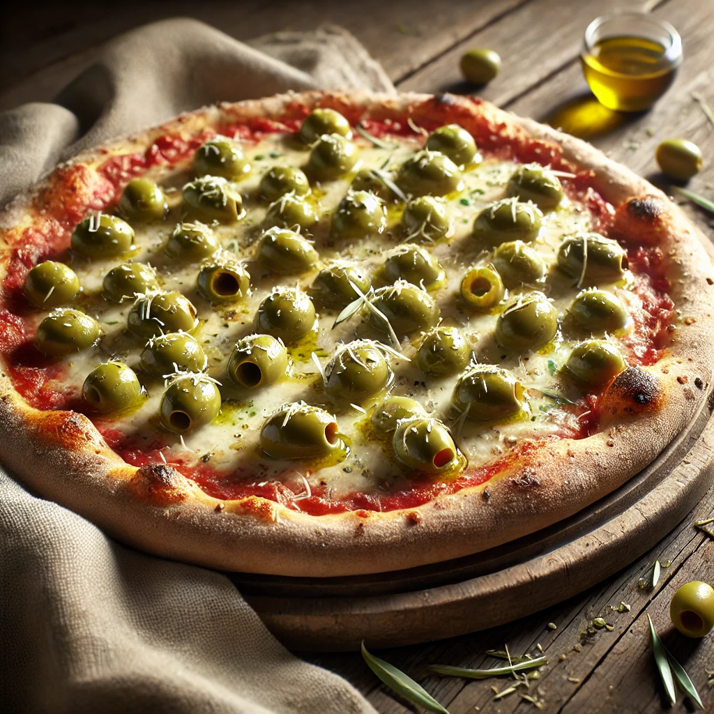 Autentikus olasz pizza zöld olívabogyóval és sajttal