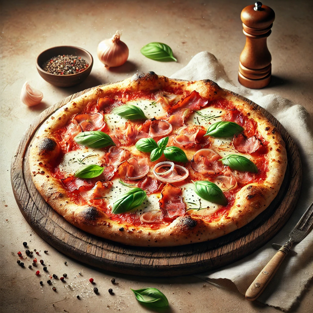 Olasz szalonnás pizza házilag készítve