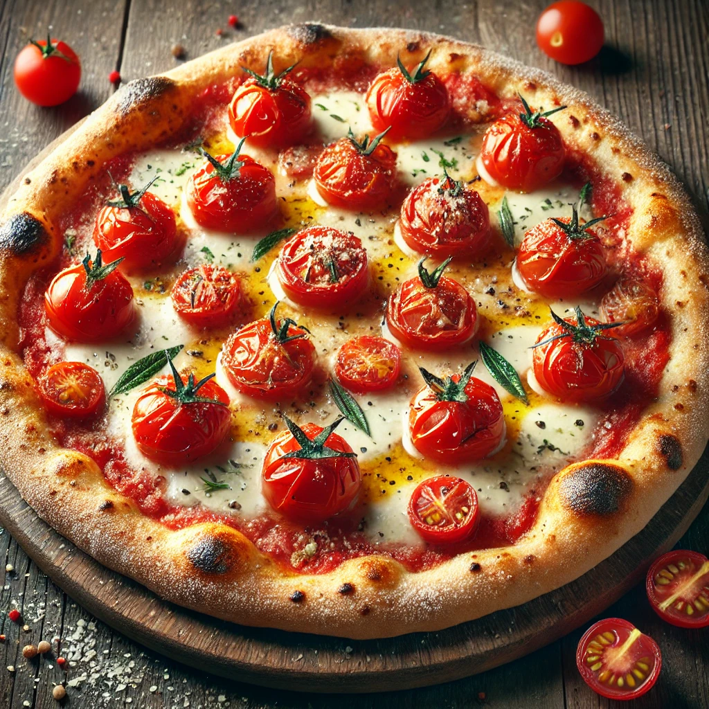 Autentikus olasz pizza koktélparadicsommal és sajttal