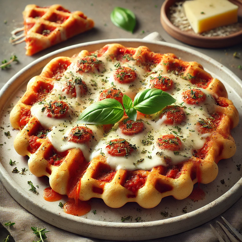 Sós gofri mozzarella sajttal, paradicsompürével és oregánóval tálalva