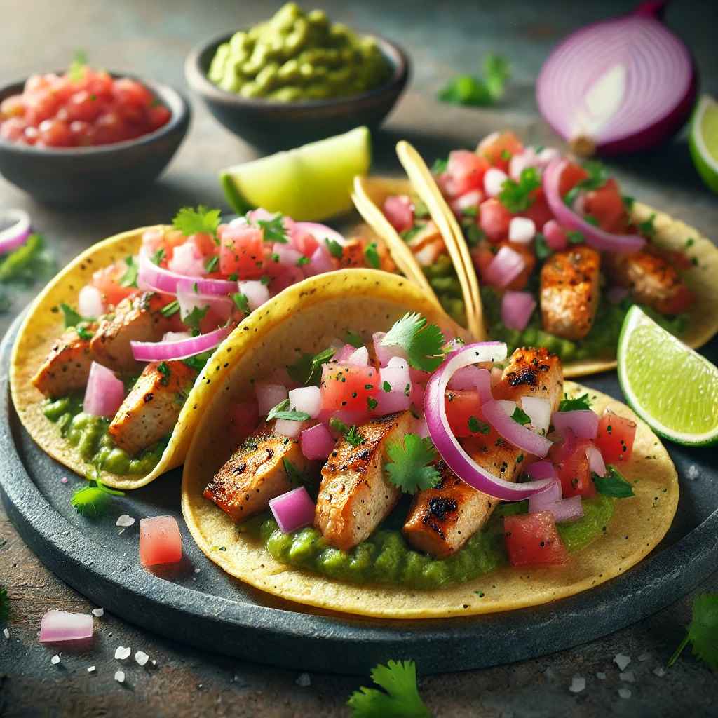 Autentikus mexikói Pollo Asado Taco grillezett csirkével és friss zöldségekkel