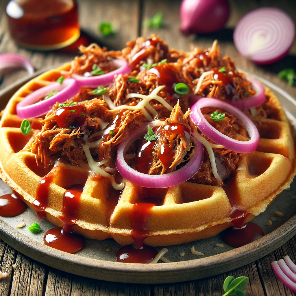 BBQ pulled pork és reszelt sajt sós gofriban