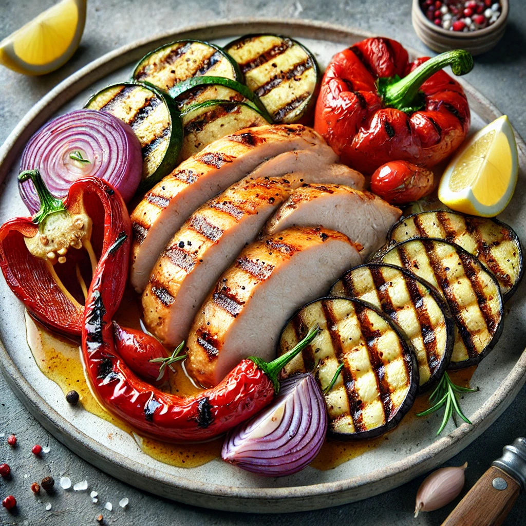 Egészséges grillezett pulykamell friss zöldségekkel