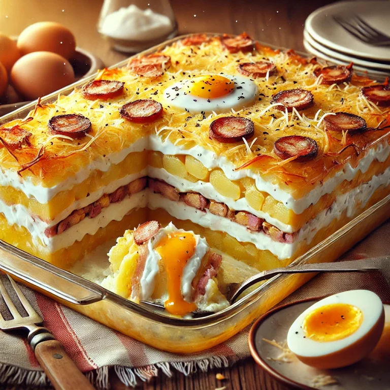 Rakott krumpli kolbásszal és tojással rétegezve, tejföllel a tetején.