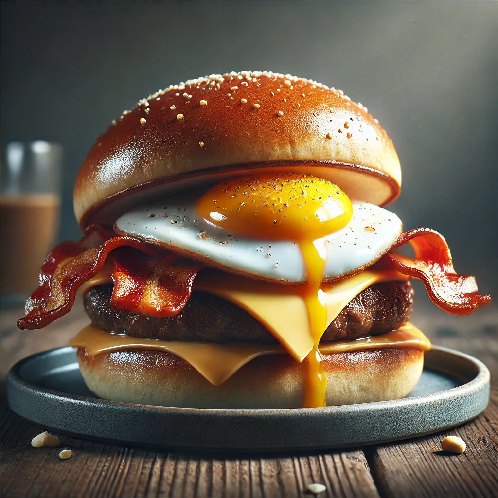 Egyszerű és finom reggeli hamburger baconnel és tükörtojással