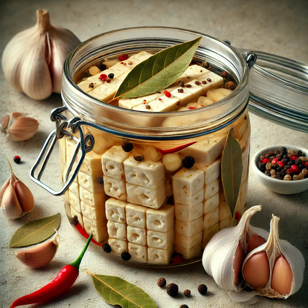 Egészséges és egzotikus savanyított tempeh ecetes lében