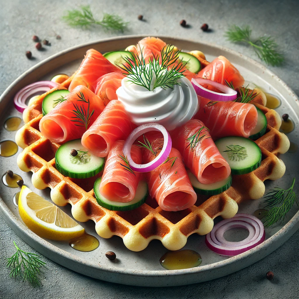 Sós gofri skandináv gravlax lazaccal és friss kaporral