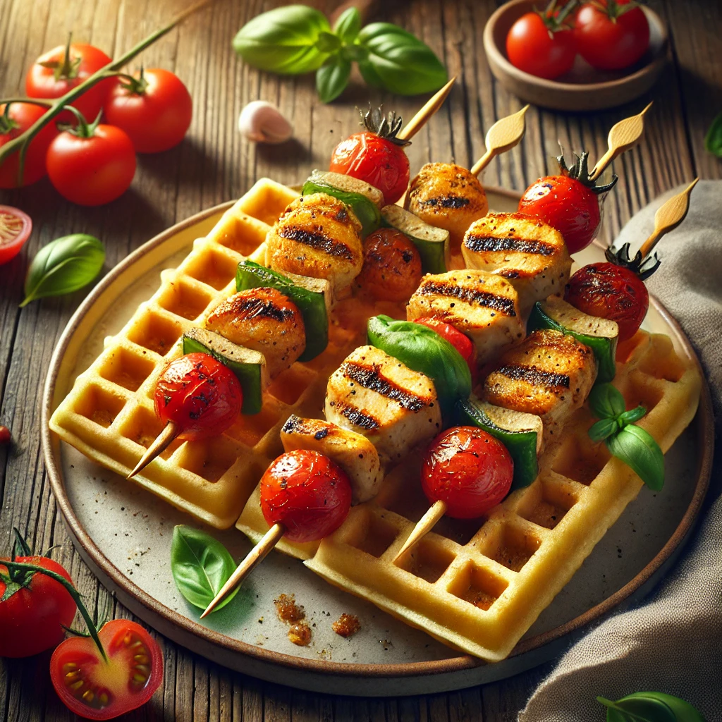 Grillezett csirkével és paradicsommal készült sós gofri nyárs