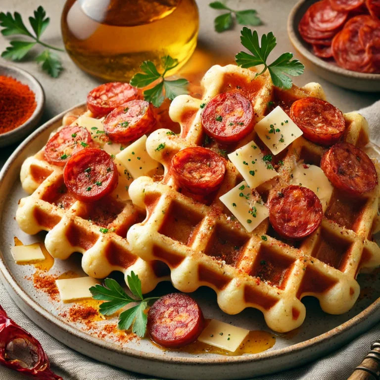 Chorizo-s és Manchego sajtos gofri tálalva petrezselyemmel és füstölt paprikával