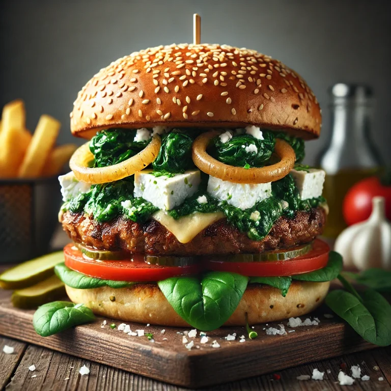 Spenótos-feta sajtos hamburger szaftos húspogácsával és pirított spenóttal