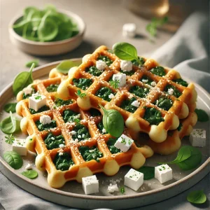 Sós gofri friss spenóttal és feta sajttal tálalva