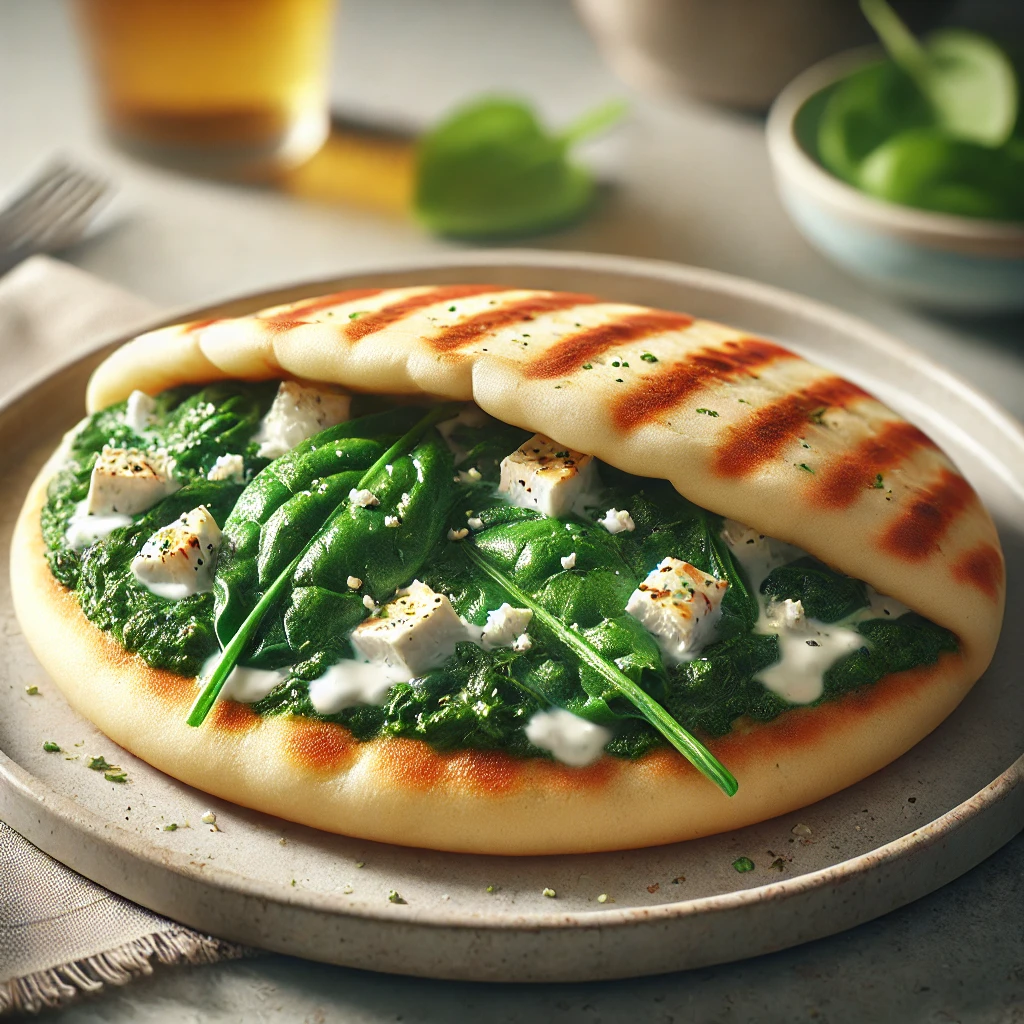 Friss spenóttal és feta sajttal töltött görög pita joghurtos öntettel