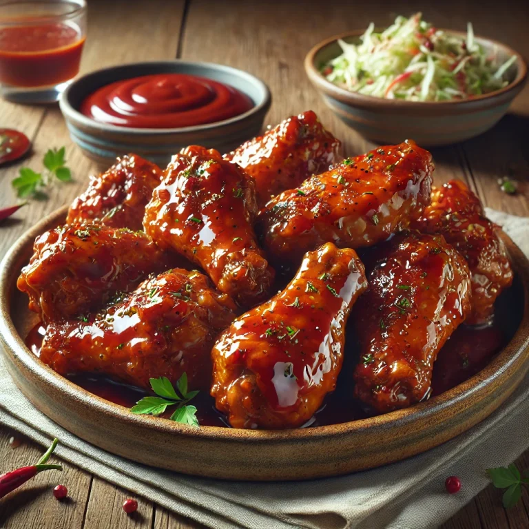 Sült csirkeszárnyak pikáns BBQ szósszal tálalva
