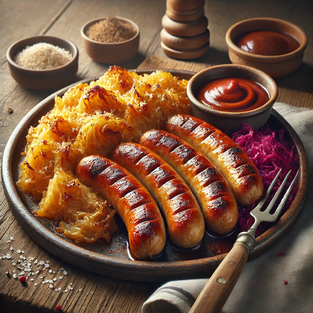 Hagyományos magyar kolbászos étel friss káposztával