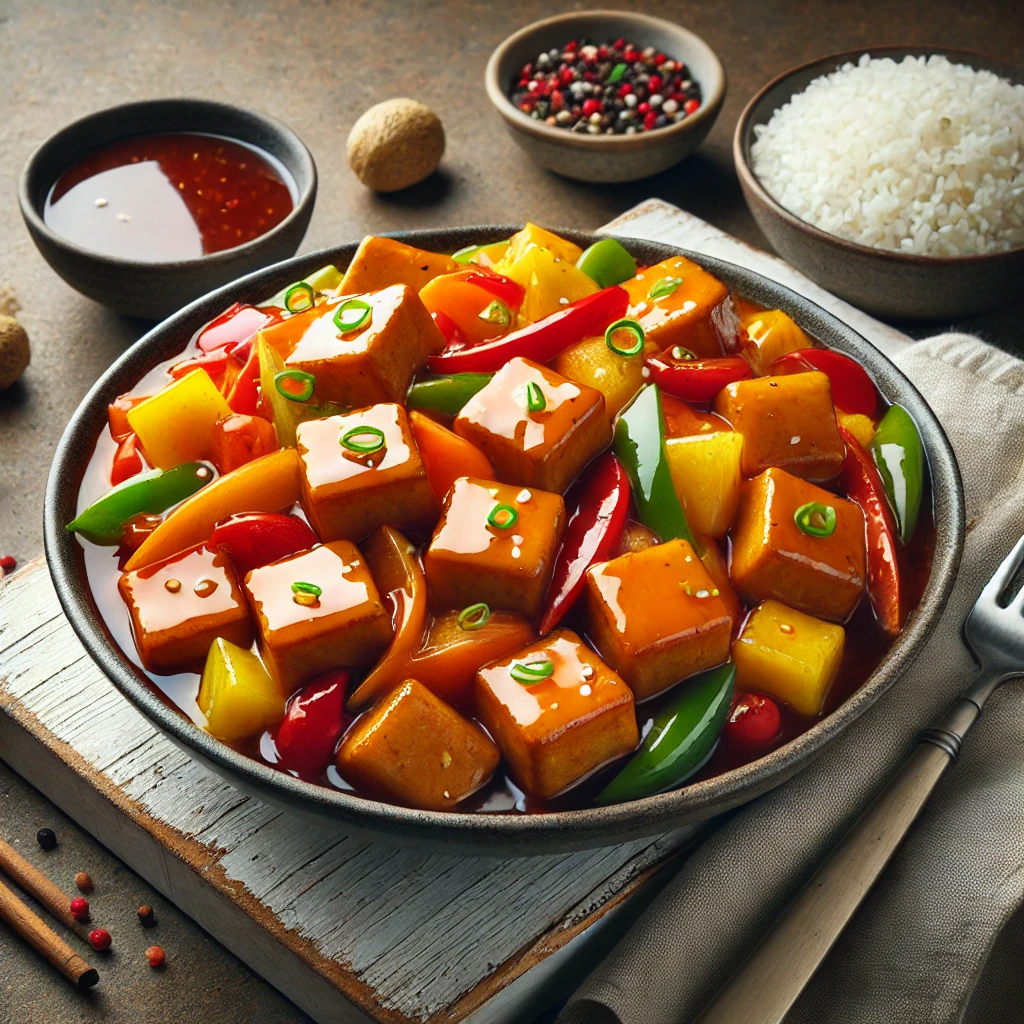 Ropogós tofu édes-savanyú öntettel és friss zöldségekkel