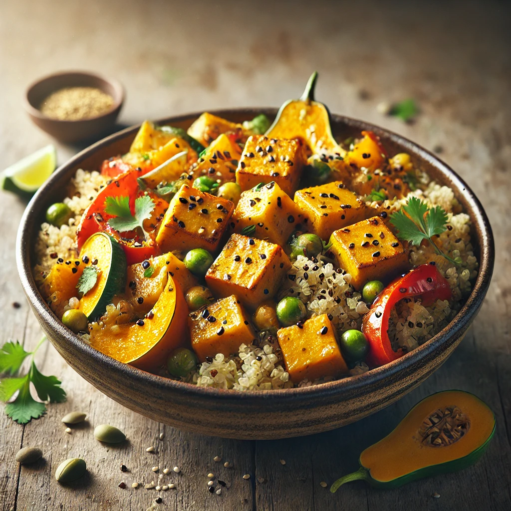 Egészséges és tápláló sütőtök quinoa wok tahinivel és tofuval