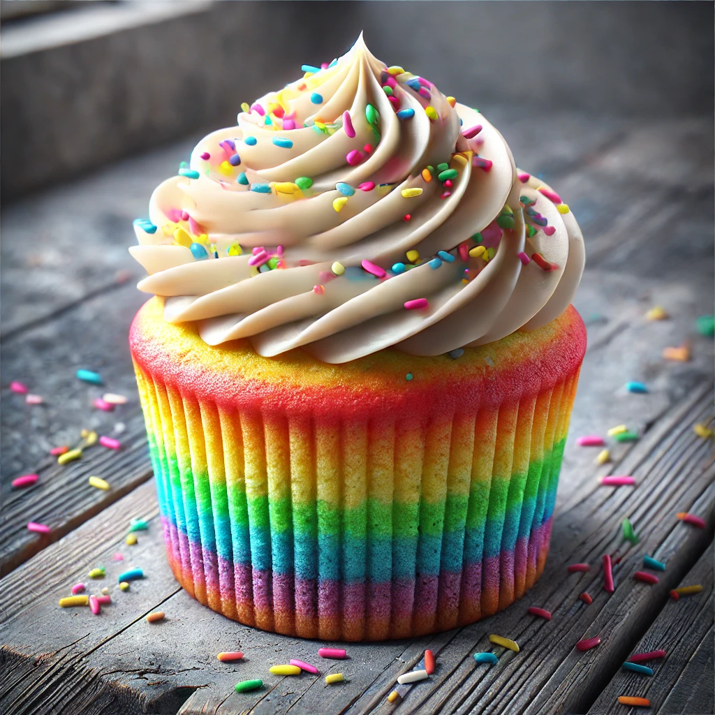 Színes és vidám szivárványos cupcake lágy krémmel