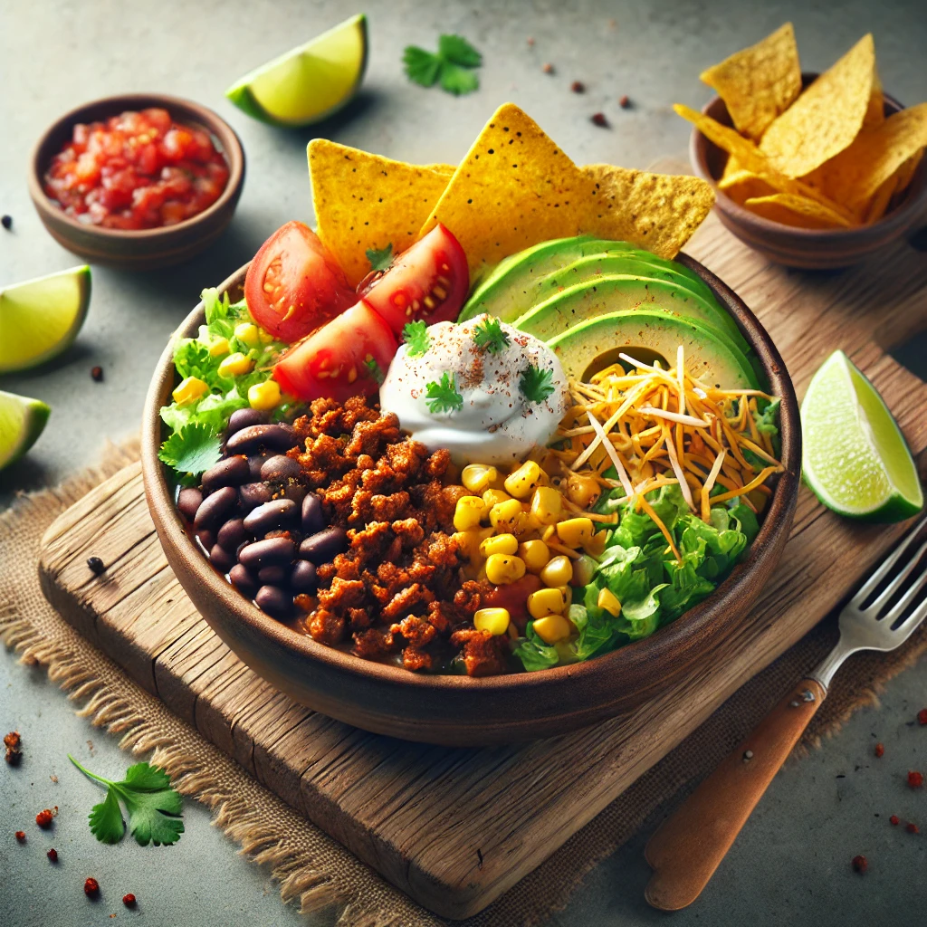 Friss és ropogós taco tál marhahússal és zöldségekkel