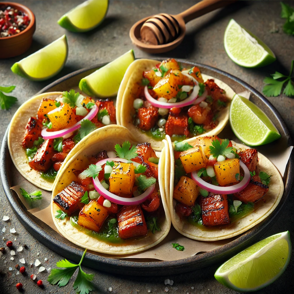 Autentikus mexikói Taco al Pastor grillezett fűszeres hússal és ananásszal