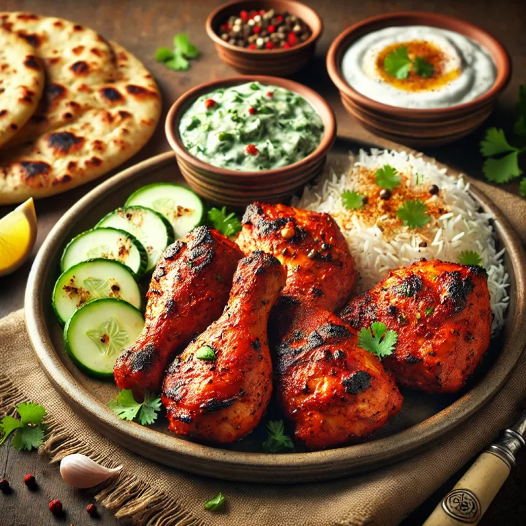 Tandoori csirke joghurtos pácban sütve, friss zöldfűszerekkel tálalva