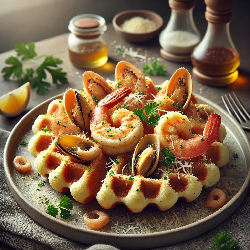 Sós gofri kagylóval, rákkal és parmezán sajttal tálalva