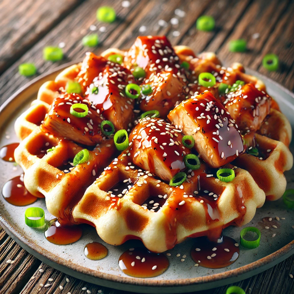 Fűszeres teriyaki csirkével és szezámmaggal készült sós gofri