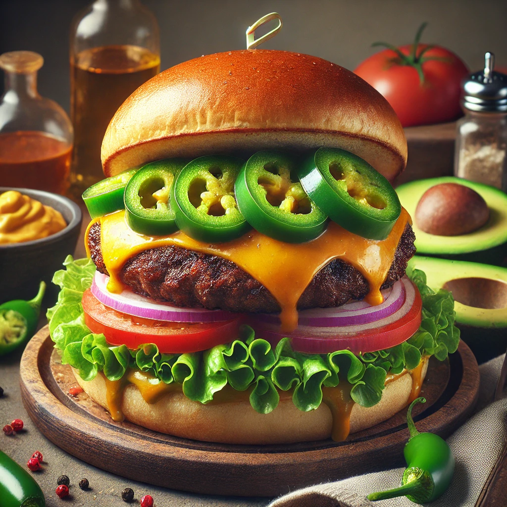 Fűszeres hamburger jalapeño paprikával, avokádóval és korianderrel