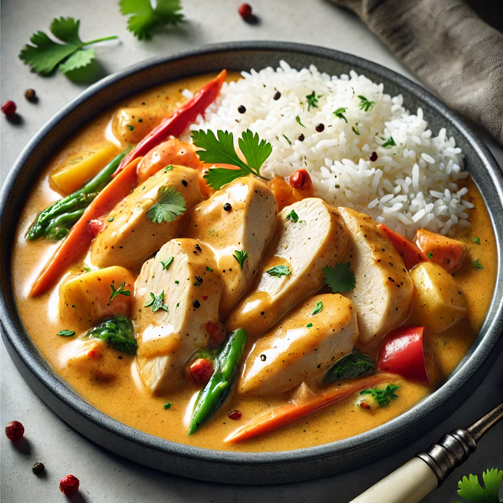 Krémes és fűszeres thai csirkemell kókusztejben, jázmin rizzsel