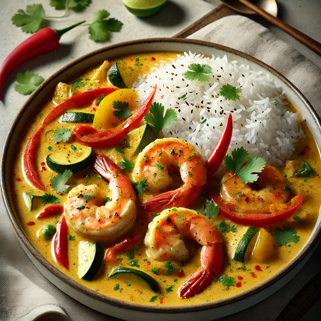 Krémes kókusztejes curry garnélával és zöldségekkel