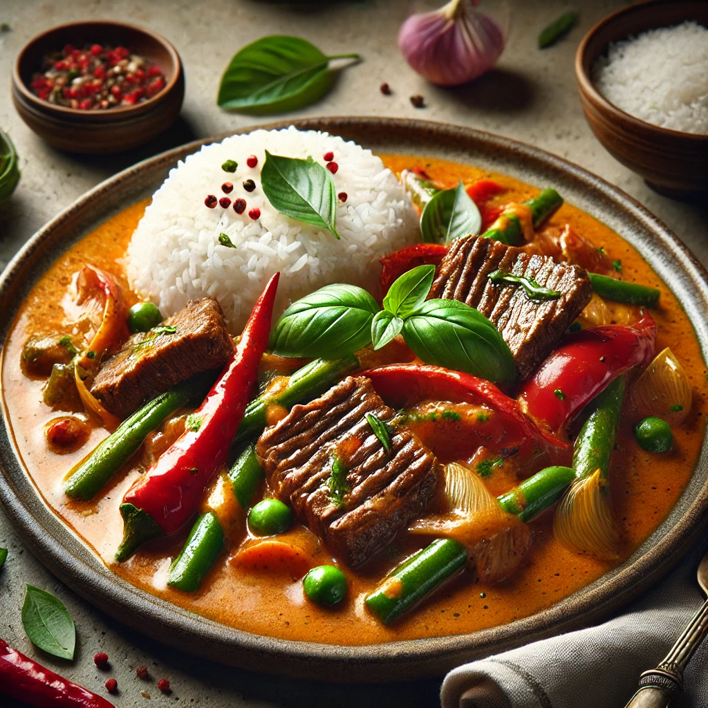 Krémes, fűszeres thai vörös curry zamatos marhahússal és zöldségekkel
