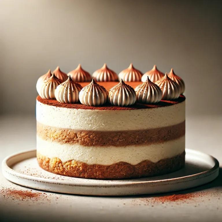 Tiramisu sajttorta kakaóporral díszítve