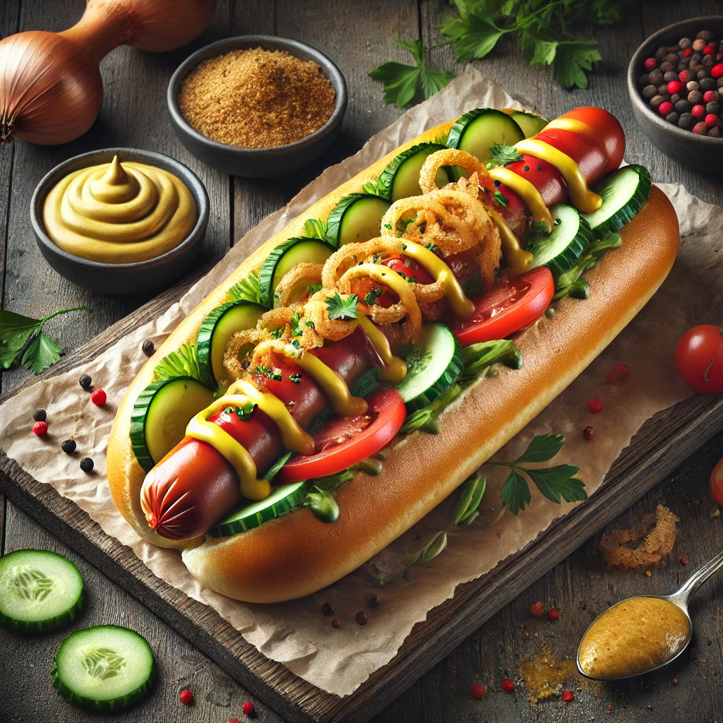 Friss zöldségekkel és titkos szósszal tálalt hot dog