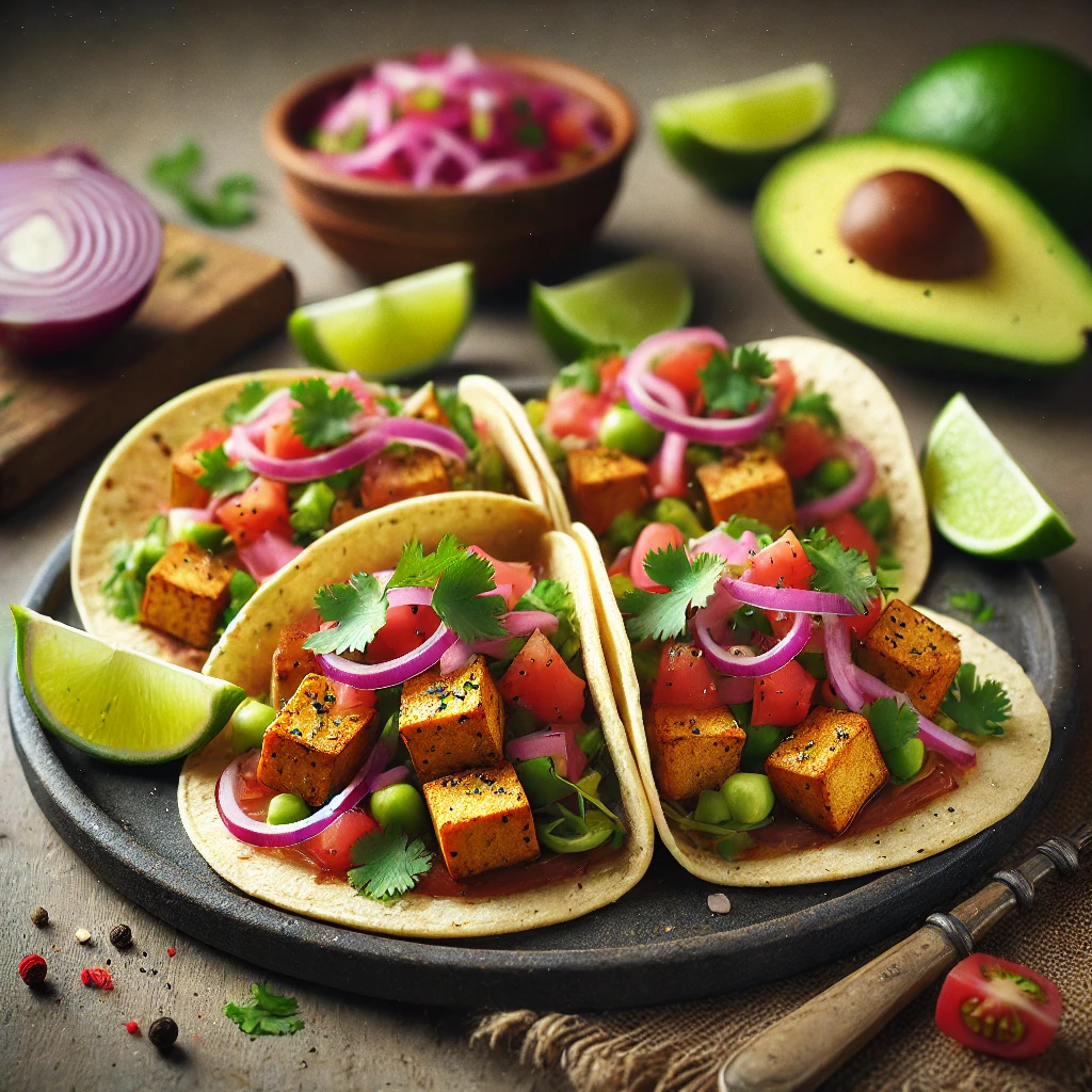Autentikus mexikói Tofu Taco fűszeres pirított tofuval és friss zöldségekkel