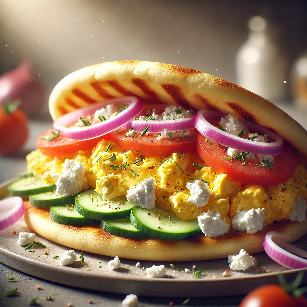 Puhára sült pita kenyér rántottával, feta sajttal és friss zöldségekkel