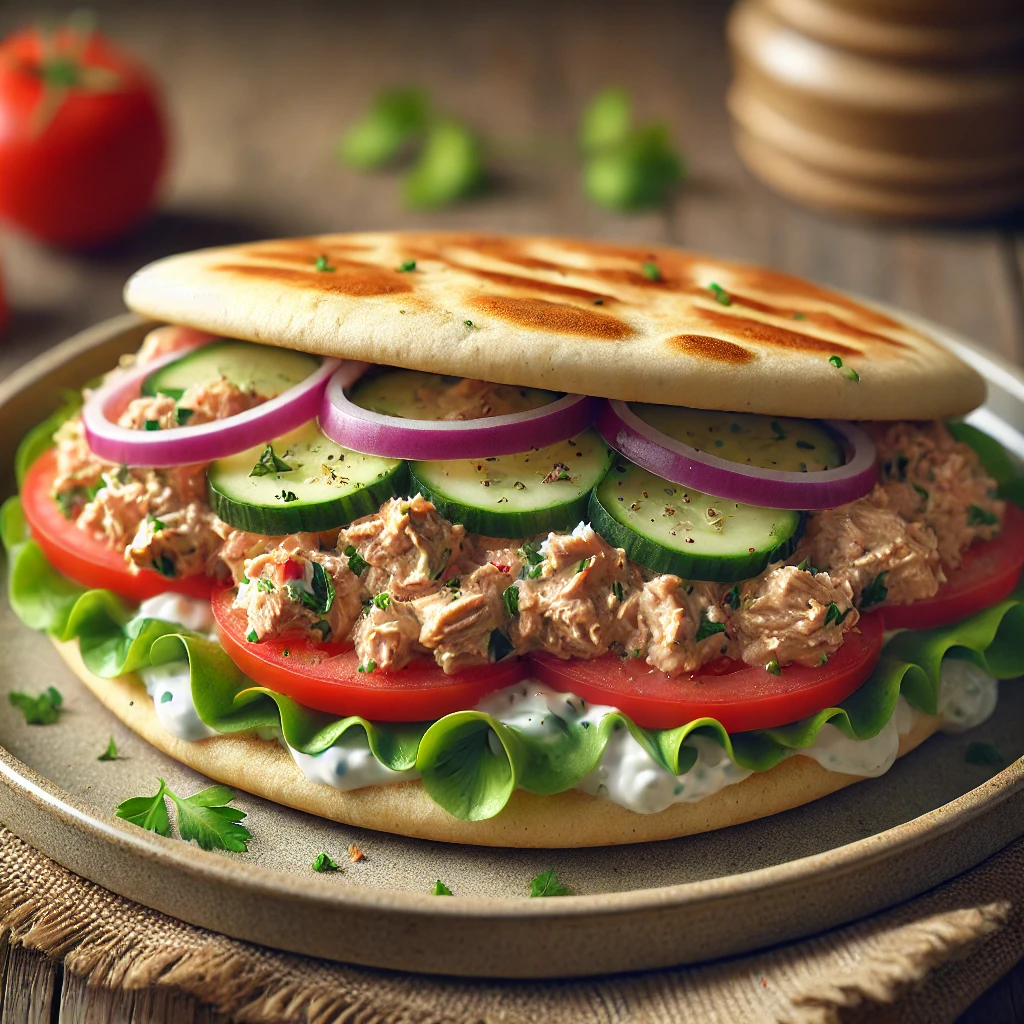 Puhára sült pita kenyér friss zöldségekkel és krémes tonhal töltelékkel