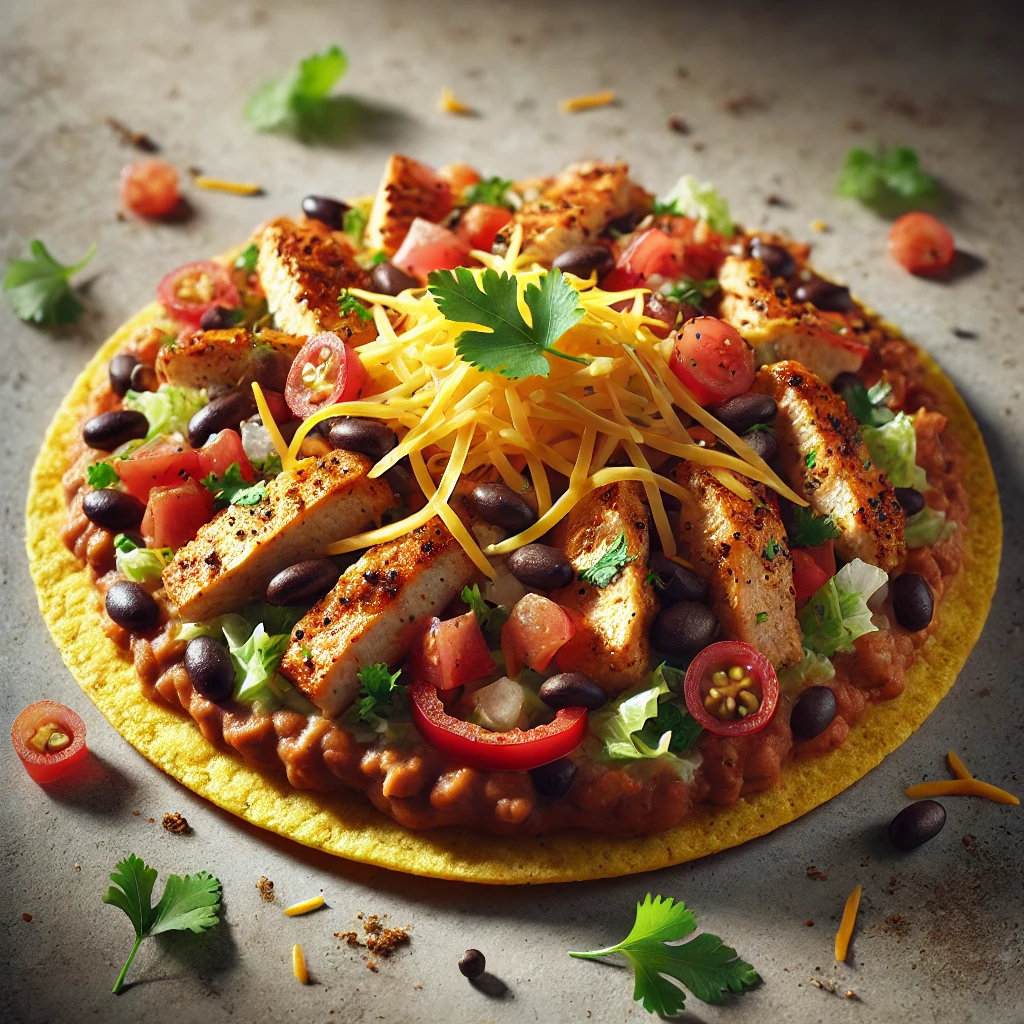 Ropogós tortilla csirkével, fekete babbal és friss zöldségekkel